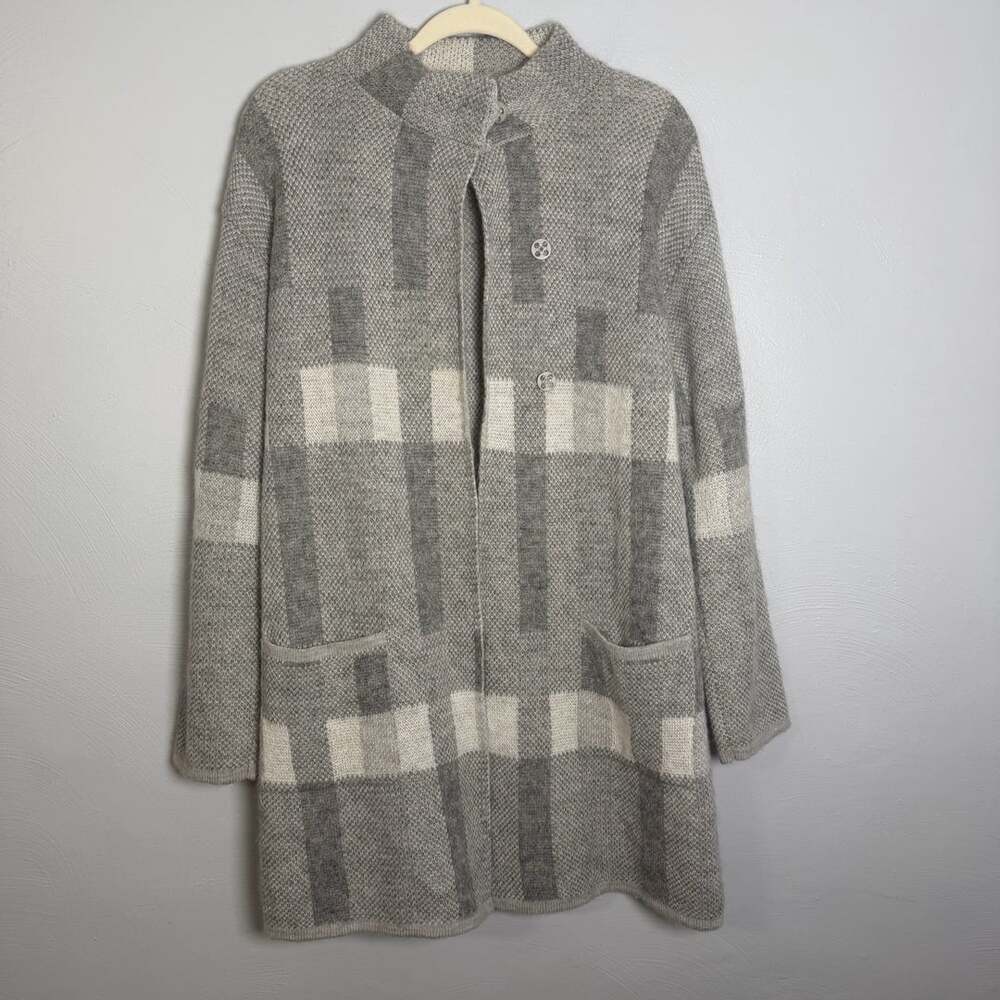Dolce Stella Long Cardigan Sweater Size L Gray Plaid Wool Blend